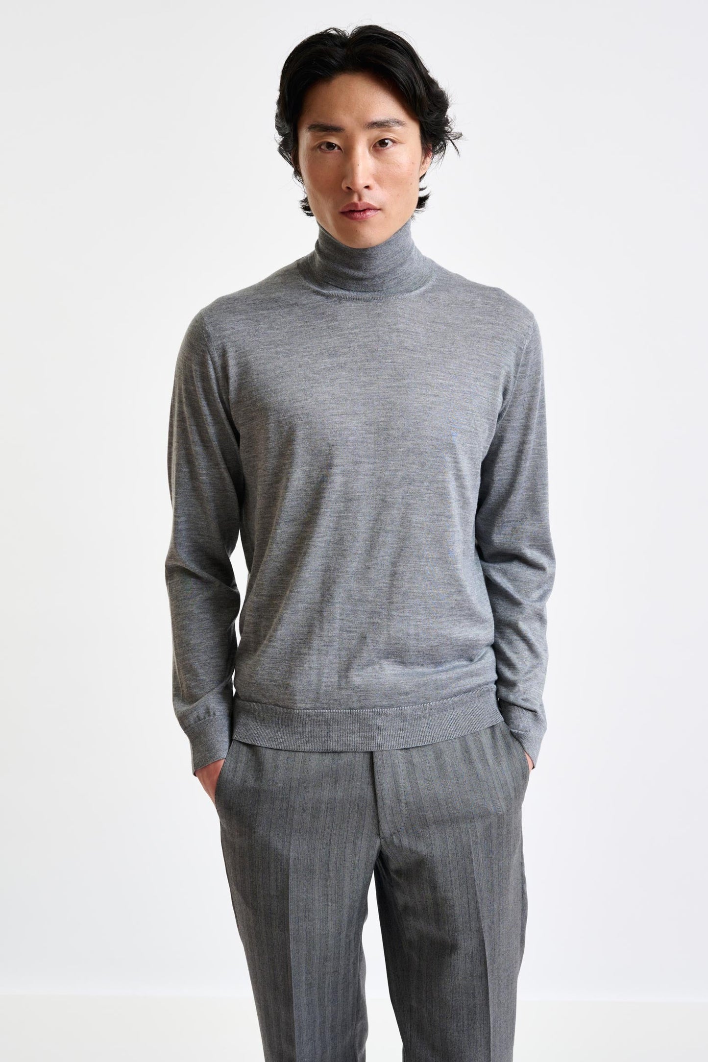 Mid Grey Cashmere Merino Silk Blend Telford Turtleneck Sweater