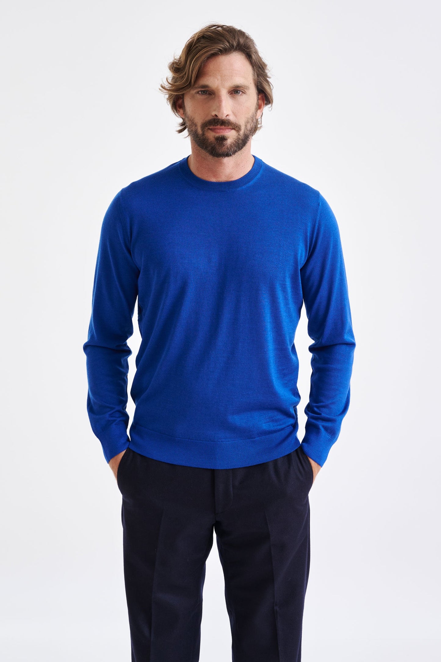 Galatic Blue Cashmere Merino Silk Blend Crewe Sweater