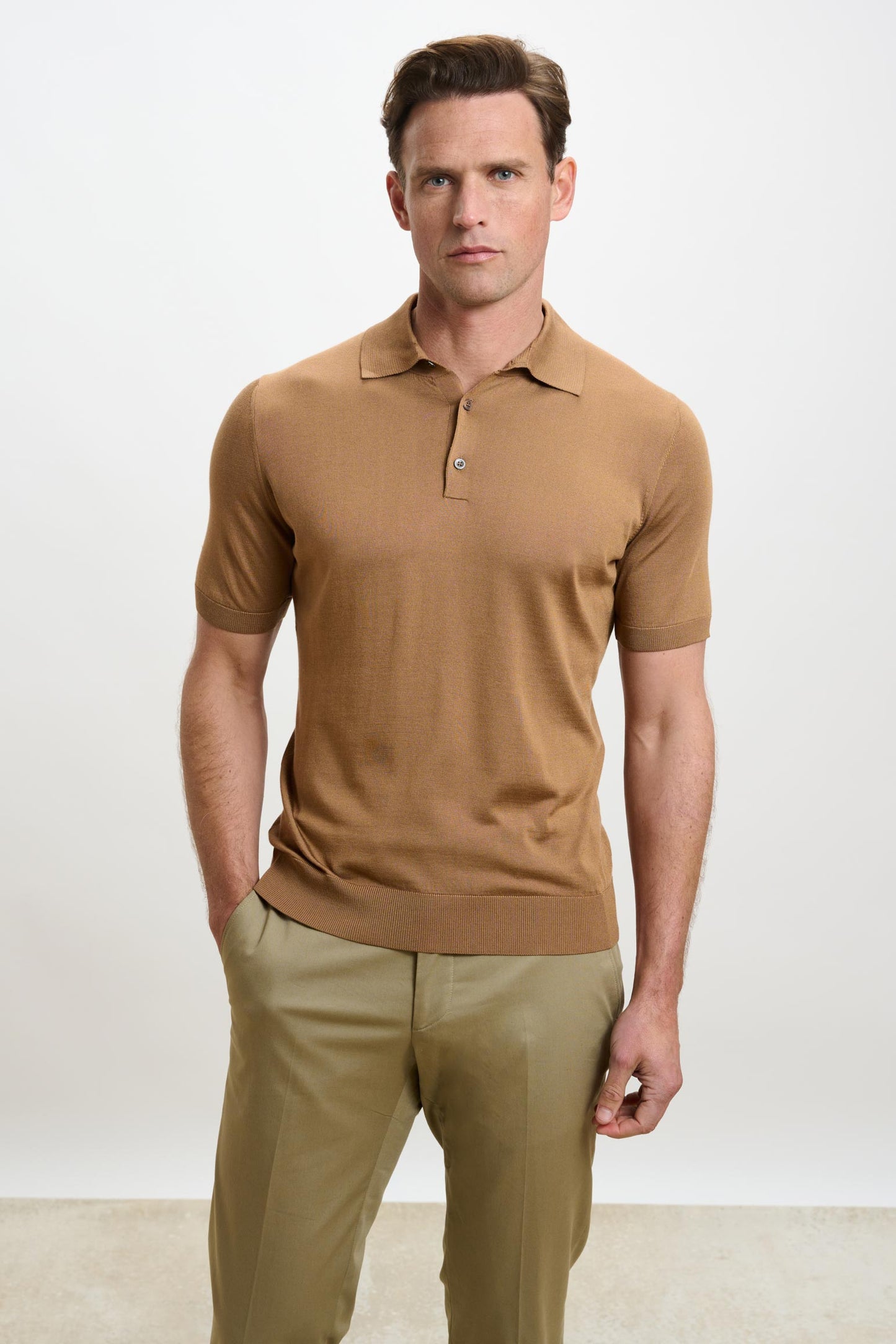 Kendal Silk Knitted Short Sleeve 3 Button Polo Shirt Tobacco