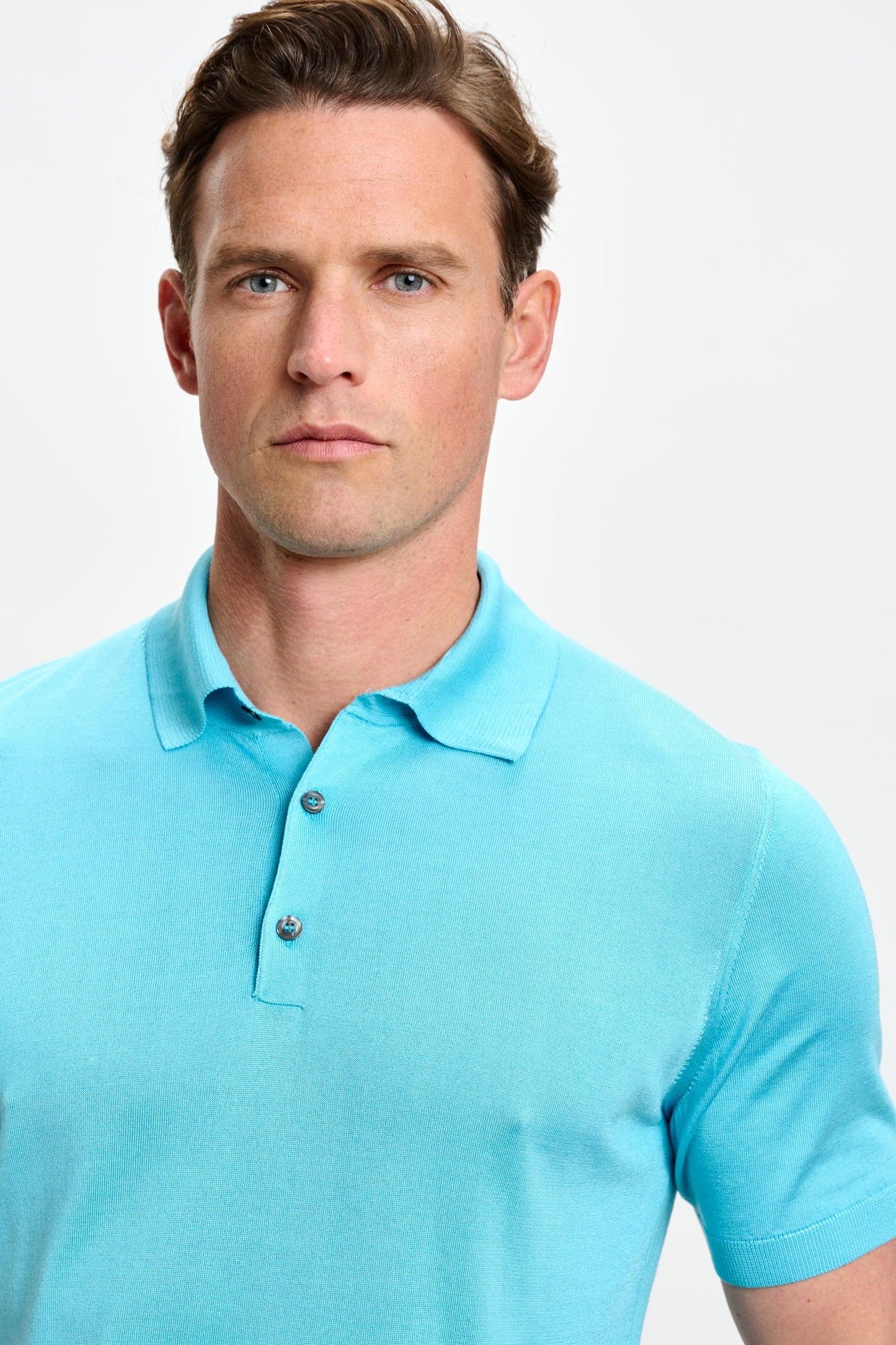 Kendal Silk Knitted Short Sleeve 3 Button Polo Shirt Turquoise Blue