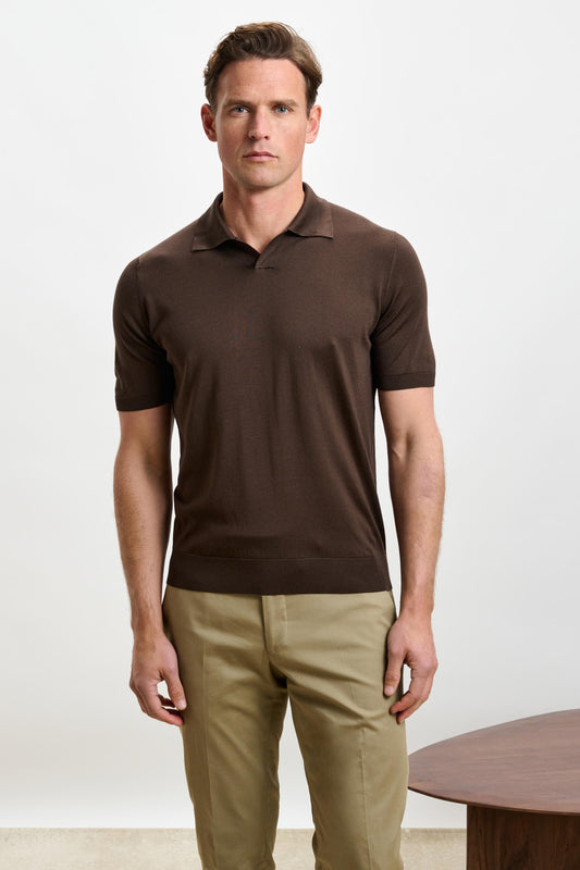 Cawdor Silk Knitted Short Sleeve Open Collar Polo Shirt Chocolate