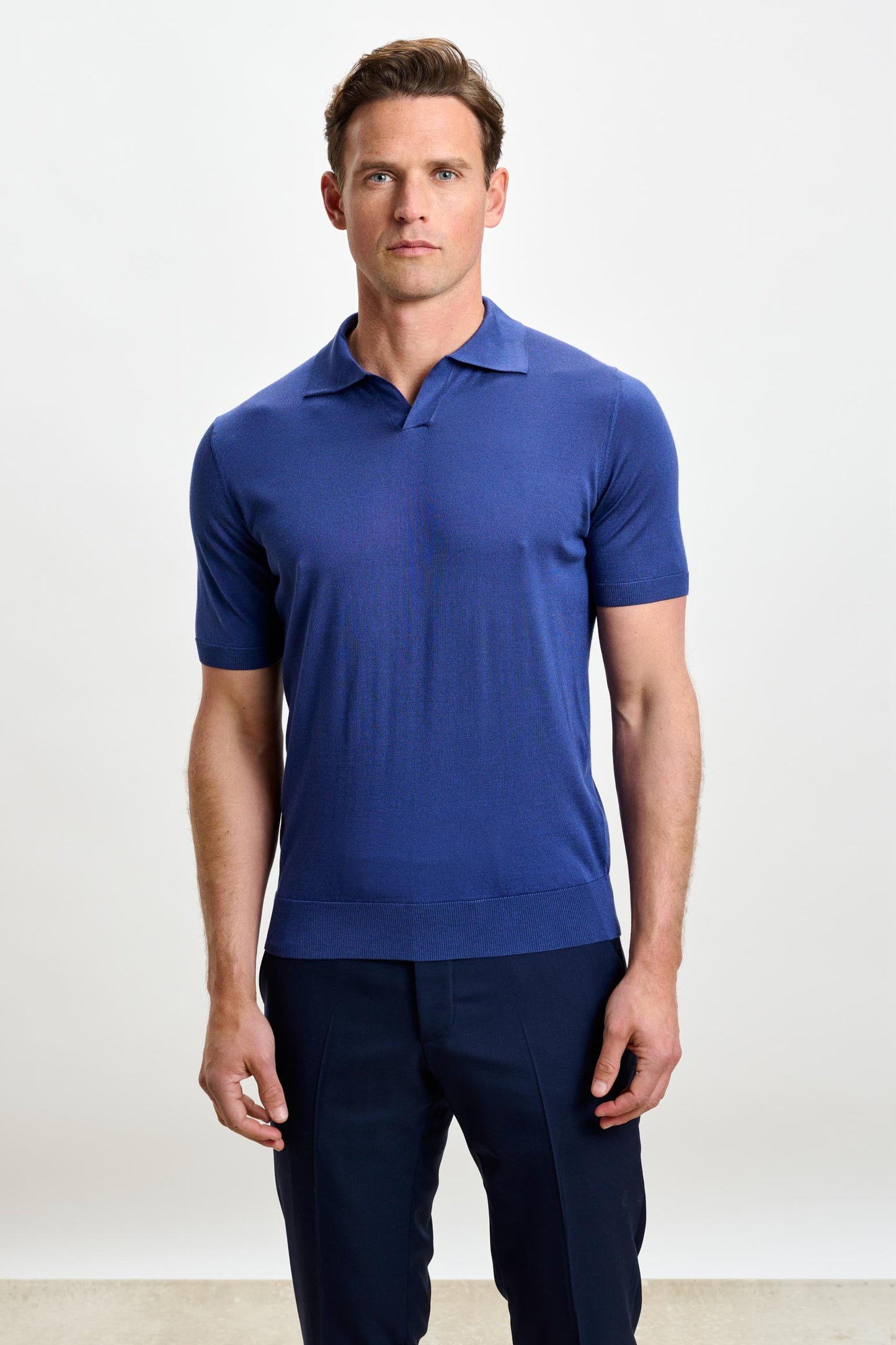 Cawdor Silk Knitted Short Sleeve Open Collar Polo Shirt Navy