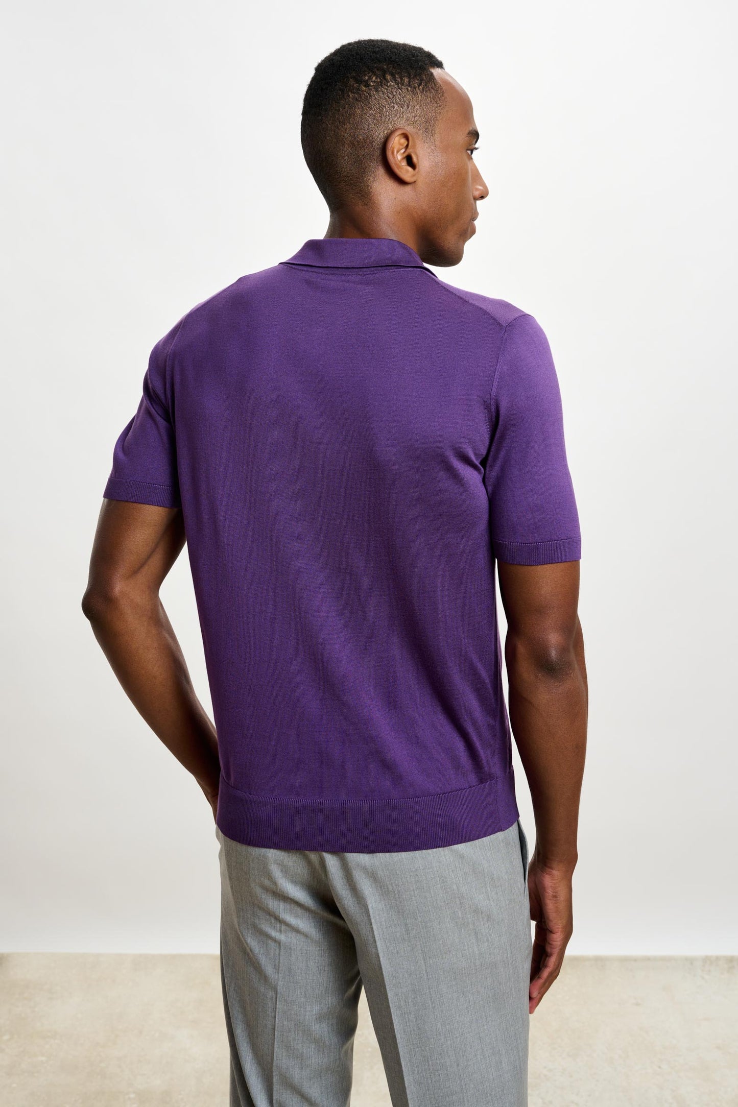 Cawdor Silk Knitted Short Sleeve Open Collar Polo Shirt Violet