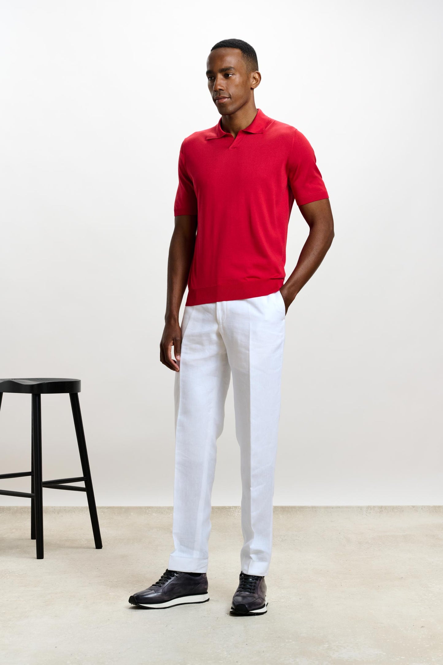 Cawdor Silk Knitted Short Sleeve Open Collar Polo Shirt Carmine