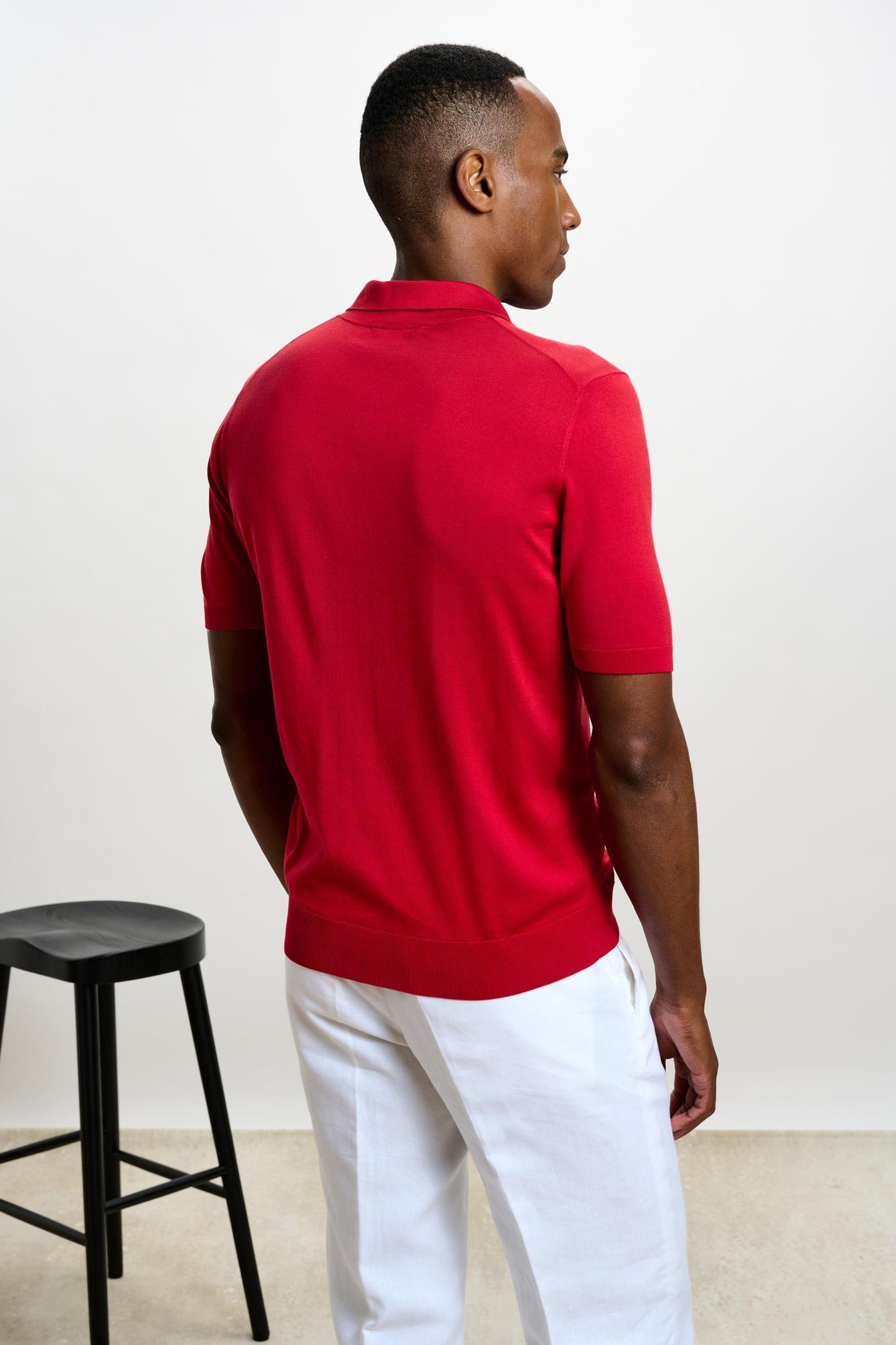 Cawdor Silk Knitted Short Sleeve Open Collar Polo Shirt Carmine