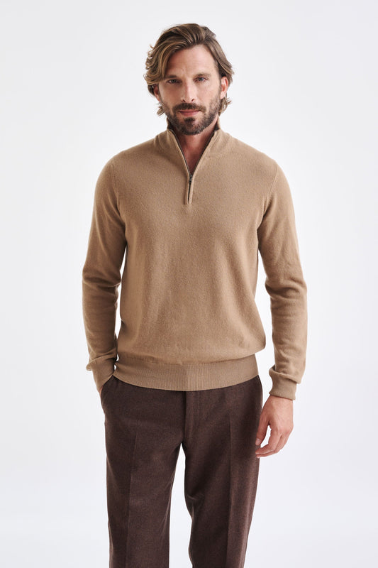 Camel Wool  & Cashmere Plockton Zipped  Mock Neck Sweater