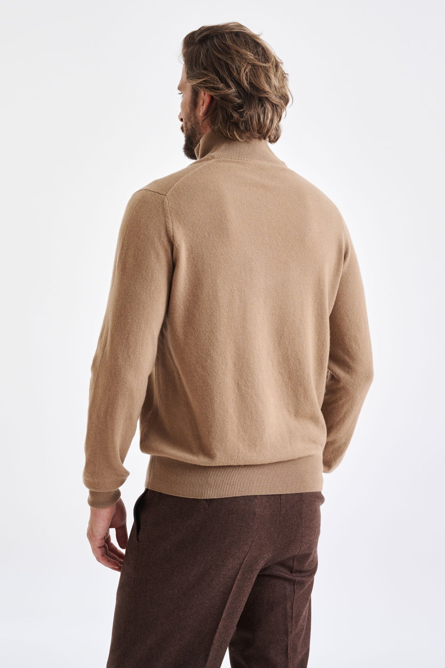 Camel Wool  & Cashmere Plockton Zipped  Mock Neck Sweater