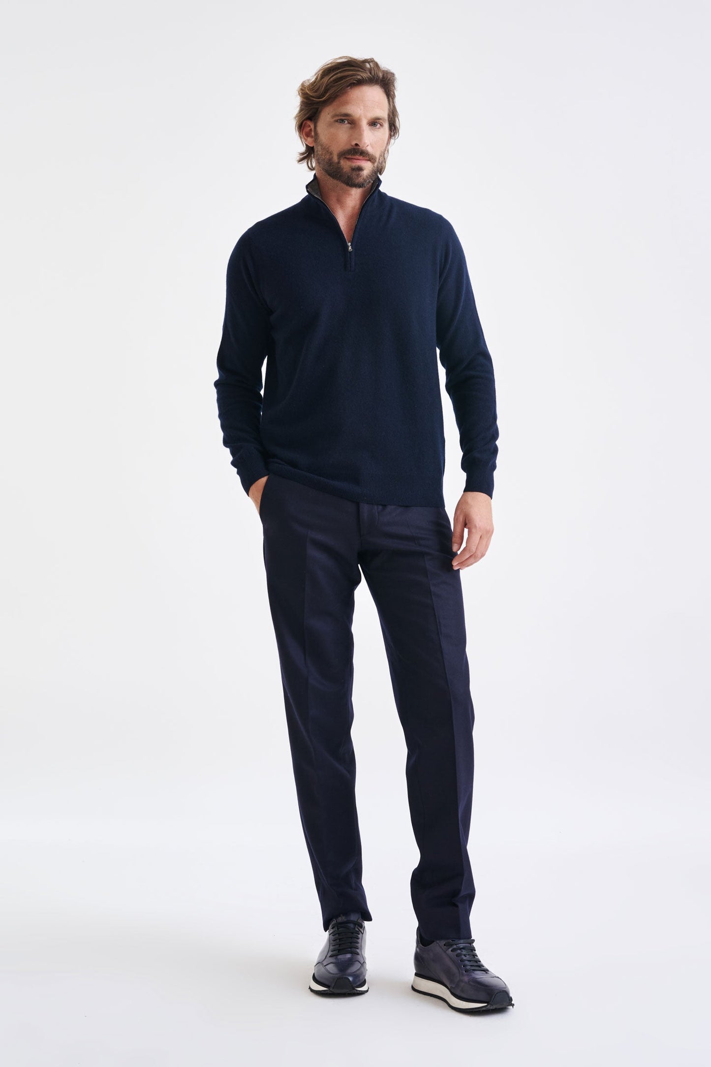 Navy Wool and Cashmere Plockton Zipped Mock Neck Sweater