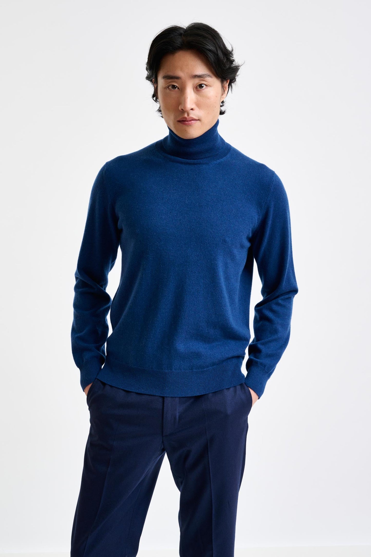 Petrol Blue 100% Cashmere Drumberg Rollneck Knit