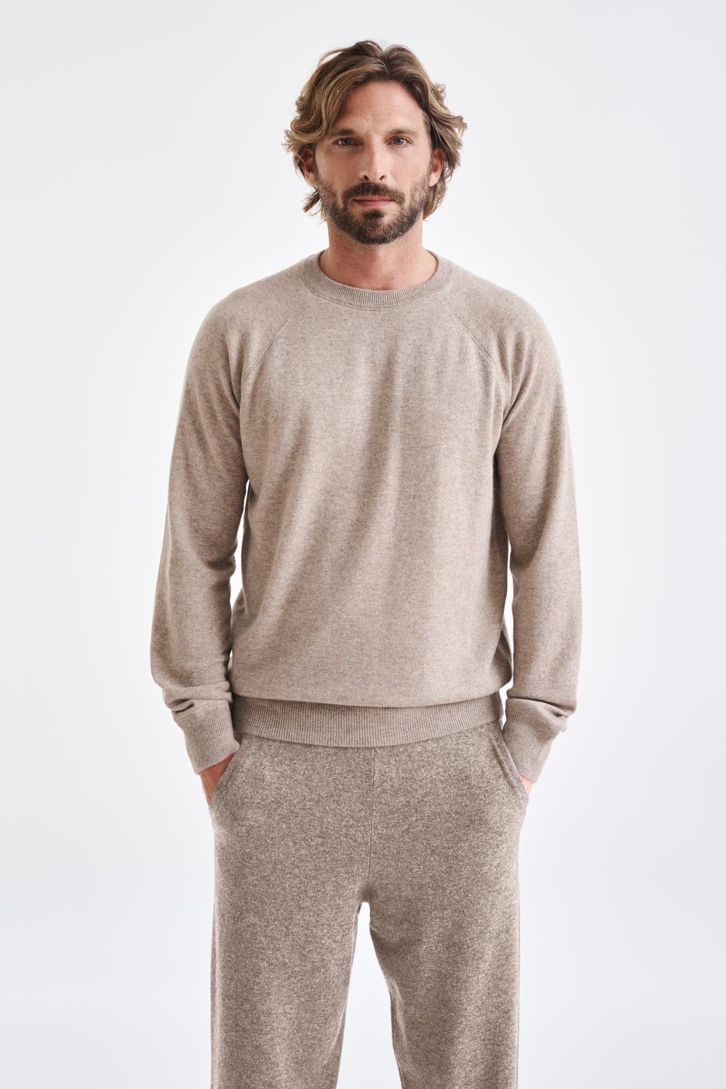 Sand Melange 100% Cashmere Whitby Crewneck Sweater