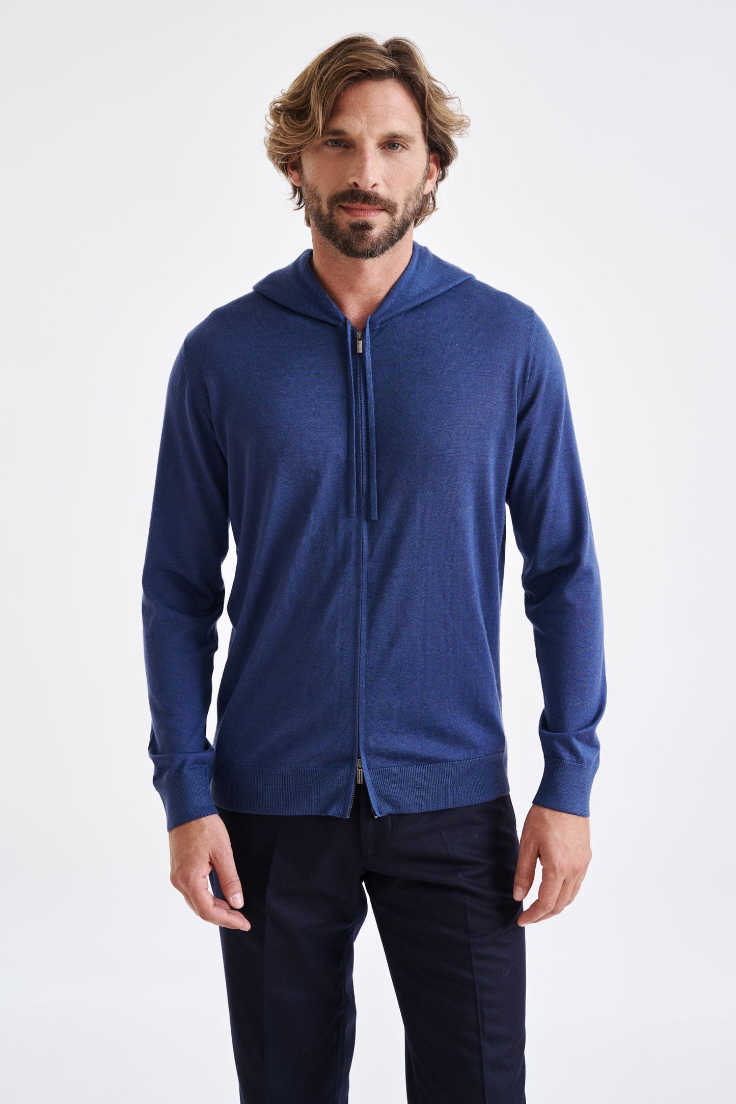 Metal Blue Cashmere Merino Silk Blend Goole zipped Hoodie knit