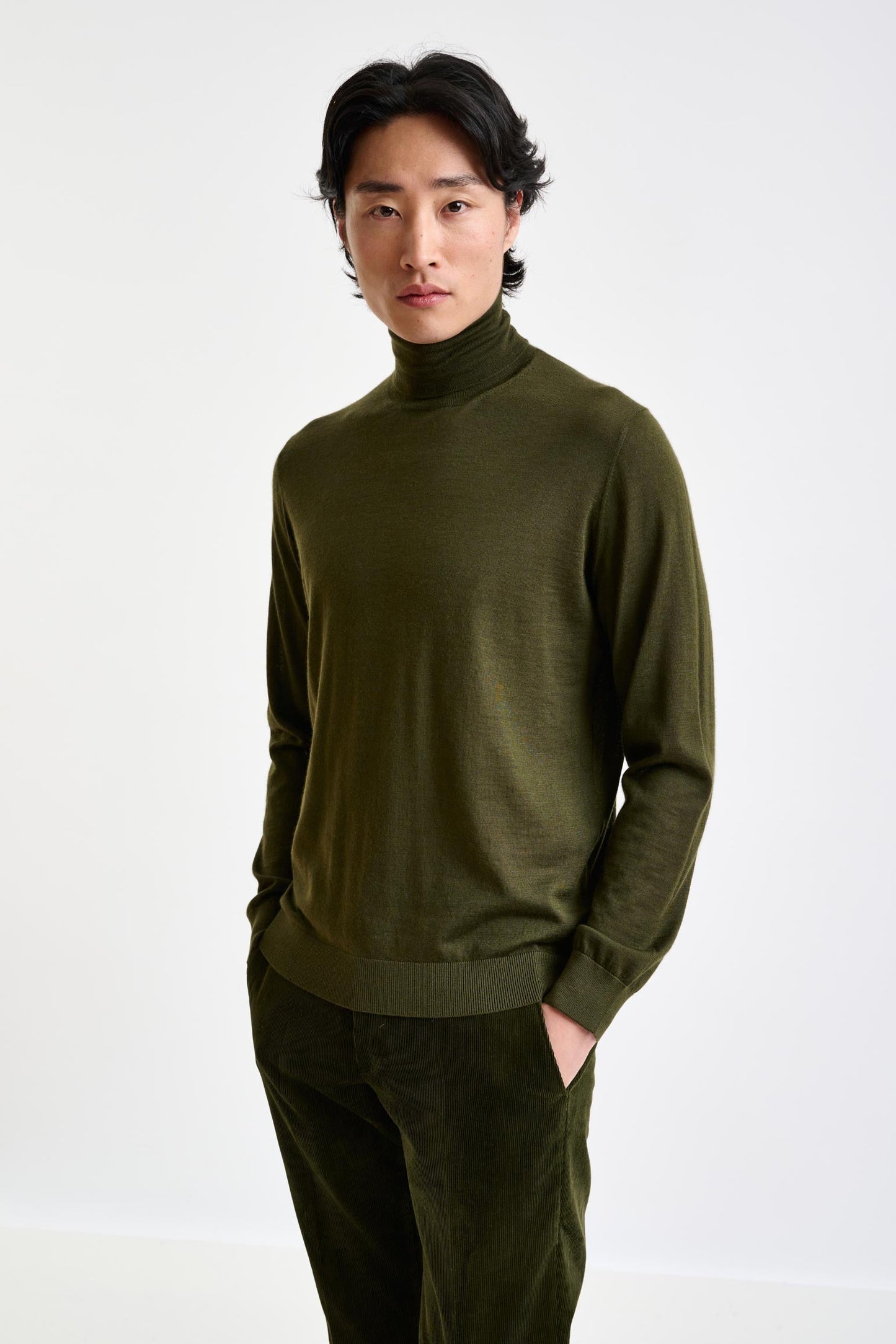 Olive Green Cashmere & Silk Blend Telford Turtleneck Sweater