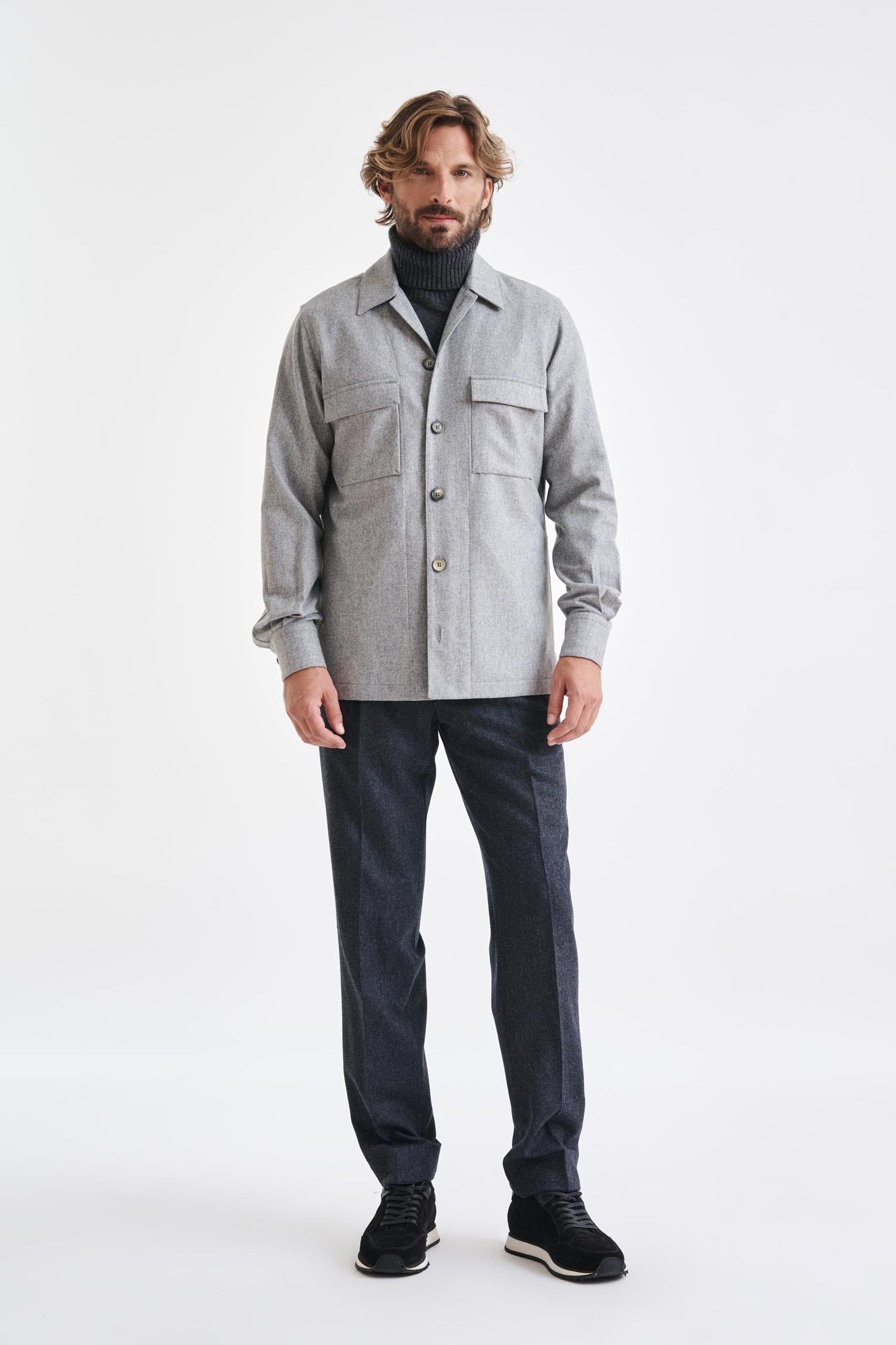 Gray Super 100's Wool Shirt Jacket Flannel Saxony