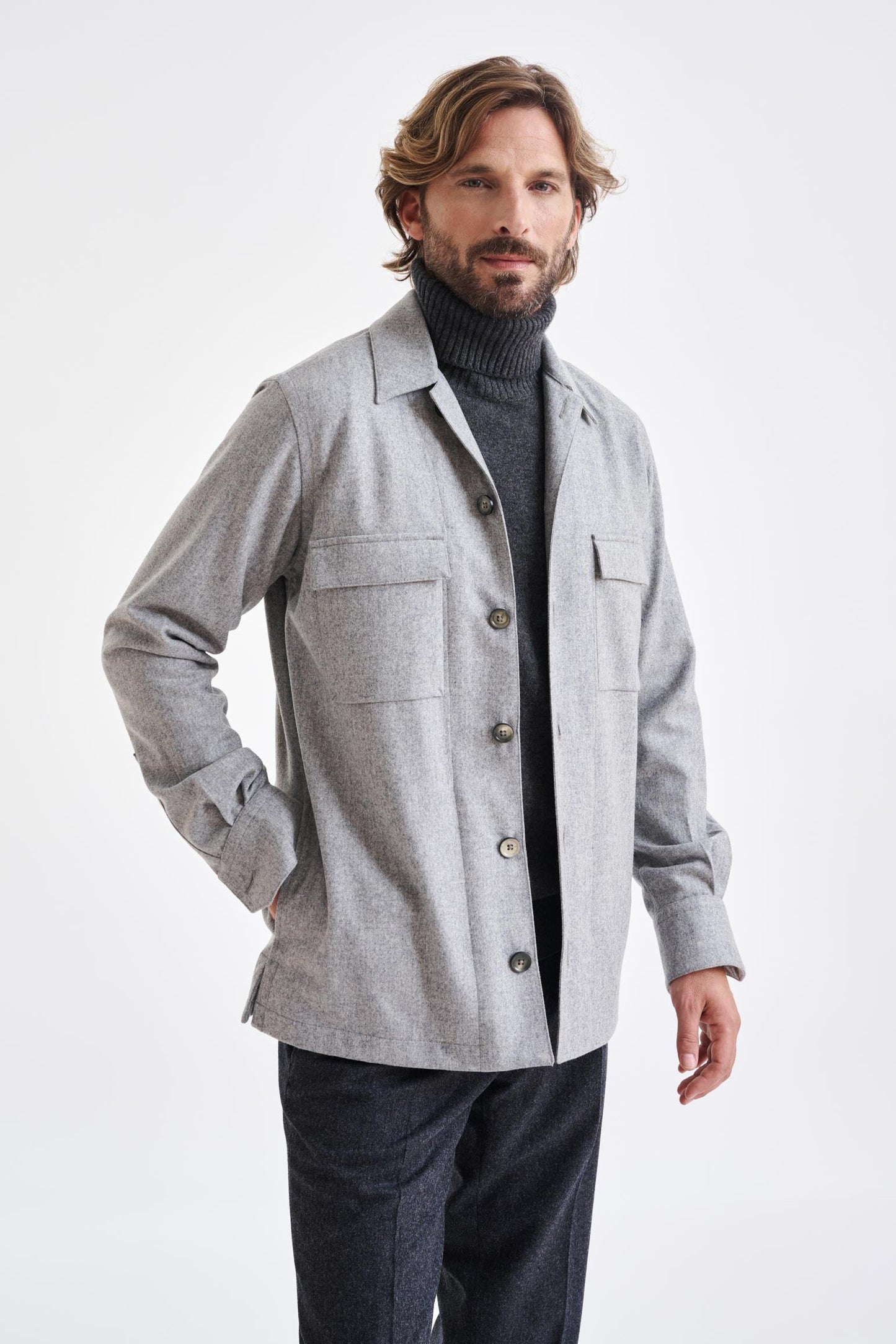 Gray Super 100's Wool Shirt Jacket Flannel Saxony