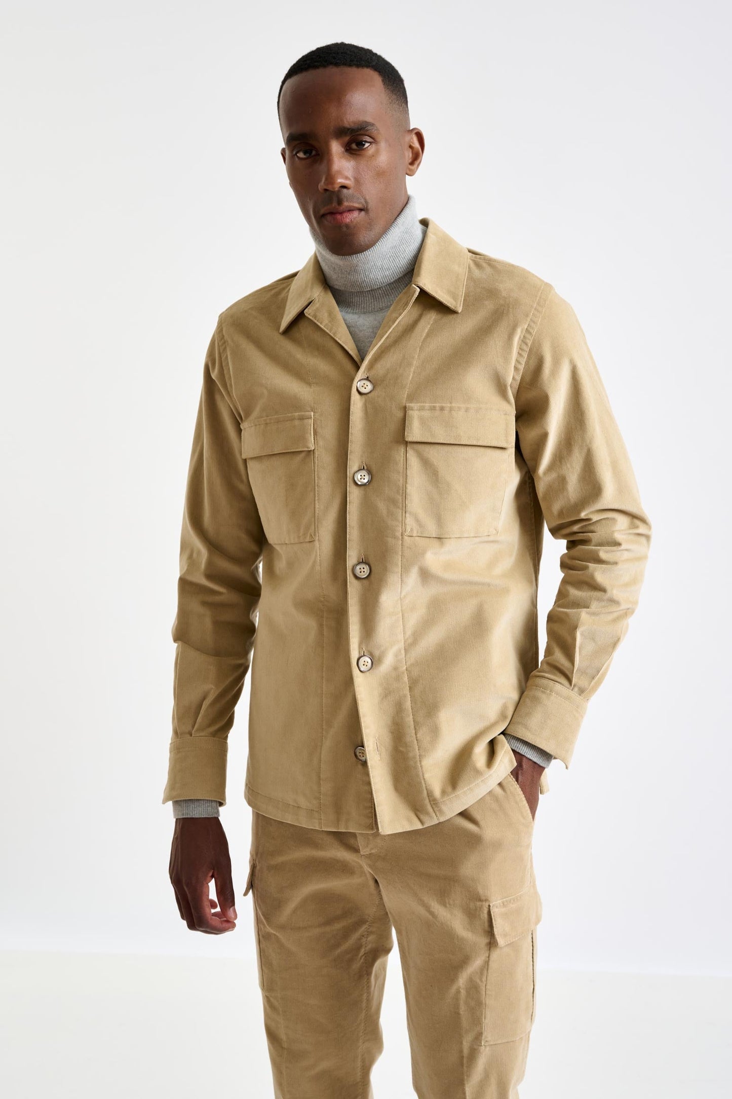 Beige Cotton Shirt Jacket Corduroy