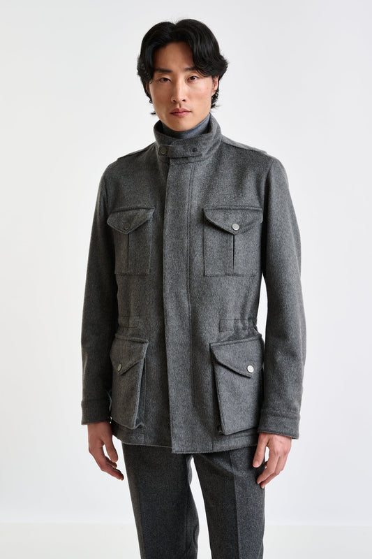 Grey 100% Cashmere Dartmoor Field Jacket Zeus