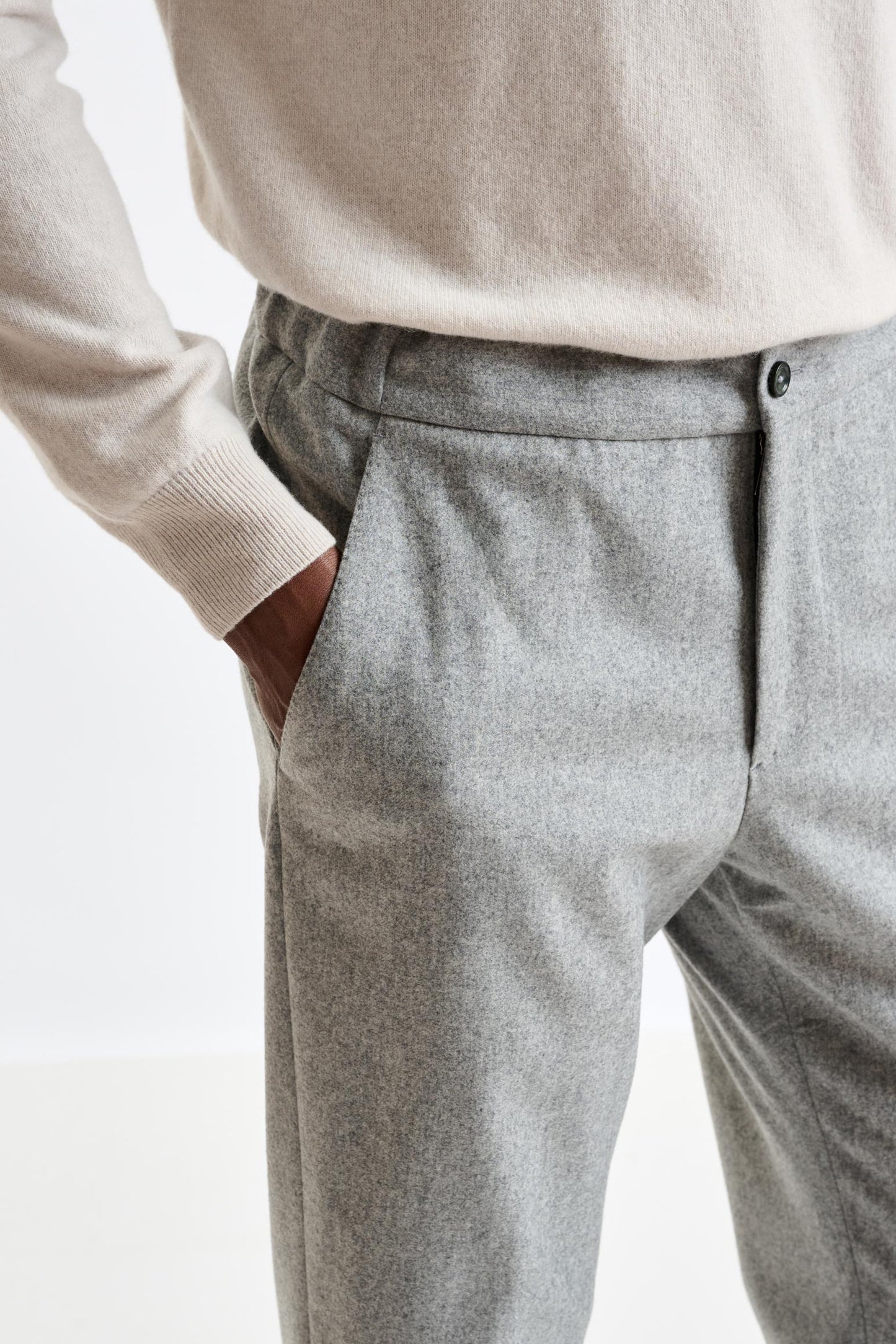 Light Grey 100% Wool Perth Drawstring Trouser Flannel Saxony